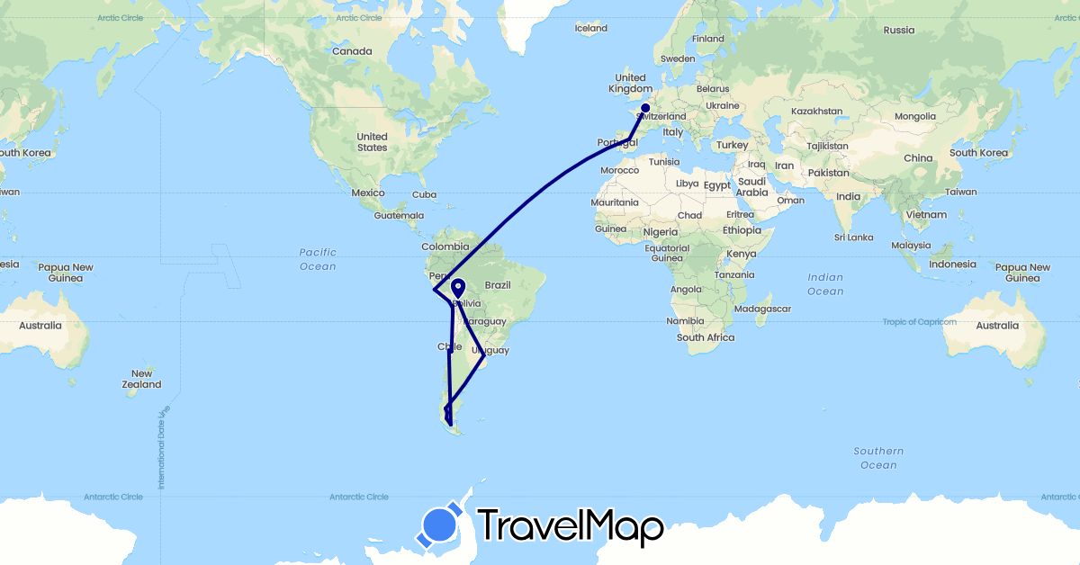 TravelMap itinerary: driving in Argentina, Bolivia, Chile, Spain, France, Peru (Europe, South America)